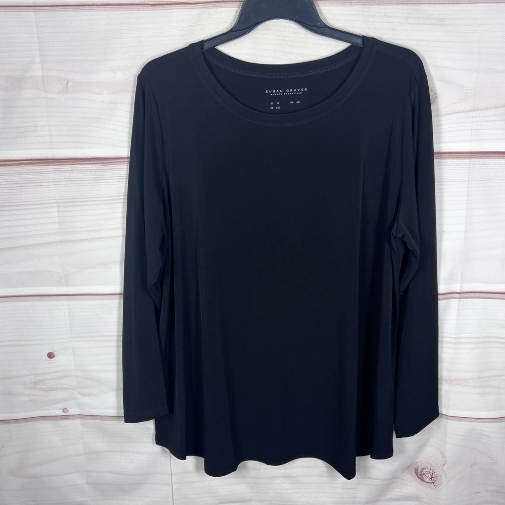 Susan Graver Liquid Knit Top Womens 3X Black Modern Essentials Long Sleeve Basic